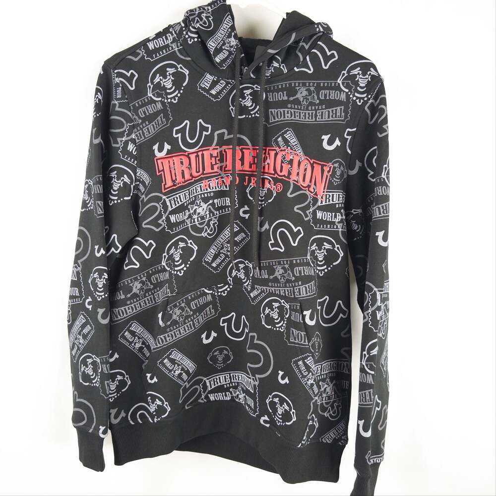 True Religion Ticket AOP Pullover Hoodie in Jet Black